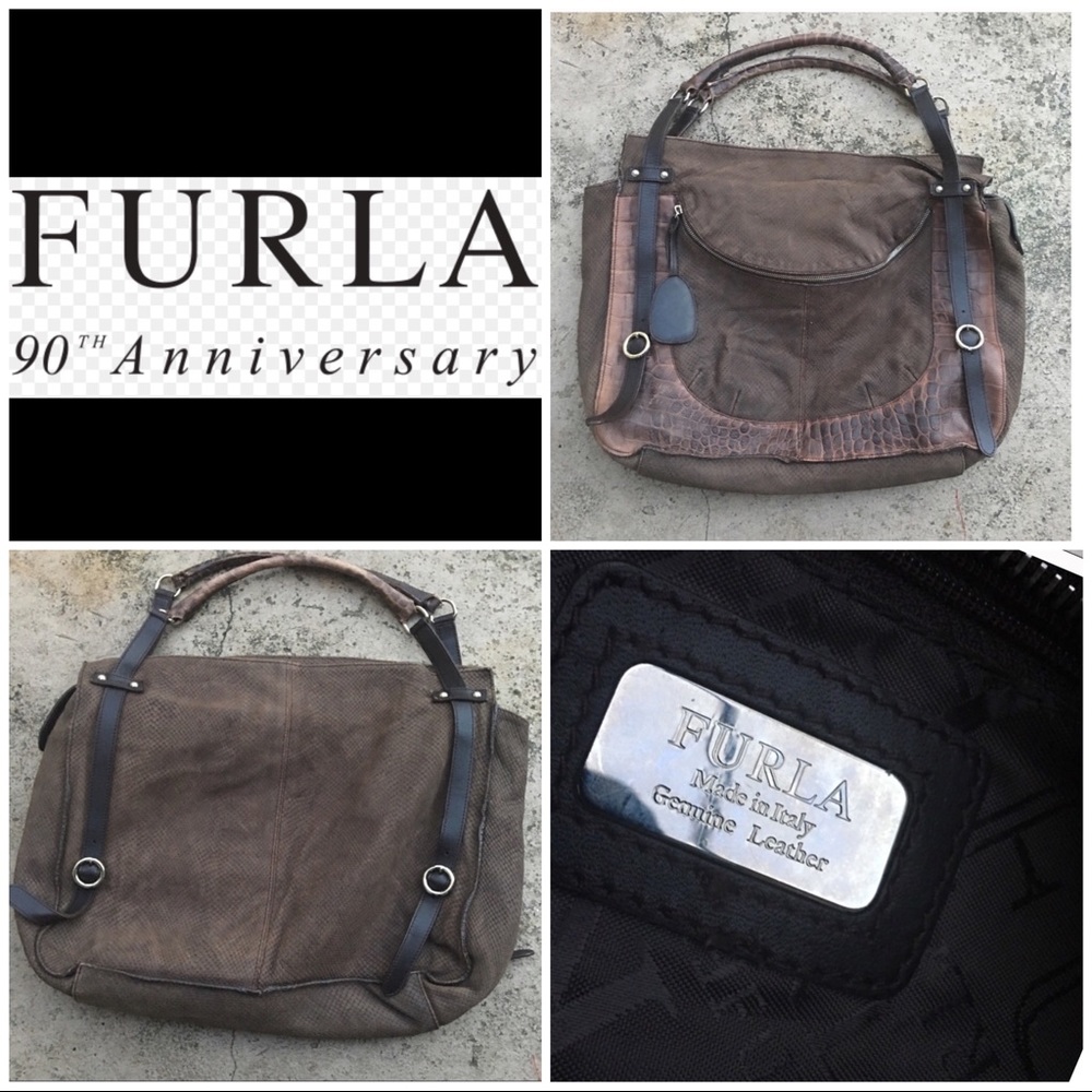 Furla Authentic Brown Leather Snakeskin Handbag